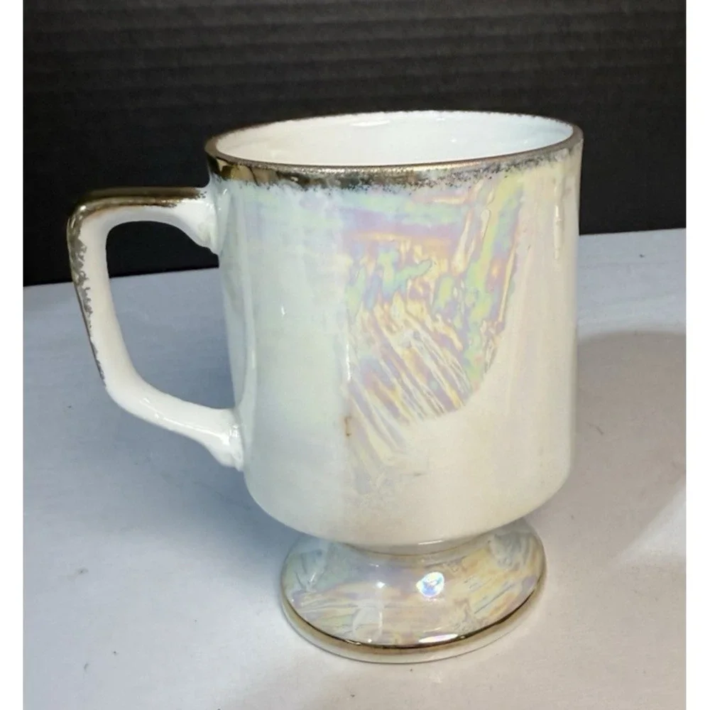 Vintage Sweet Pea April Coffee Cup Iridescent Gold Pink Flowers Fancy Handle - Picture 3 of 6